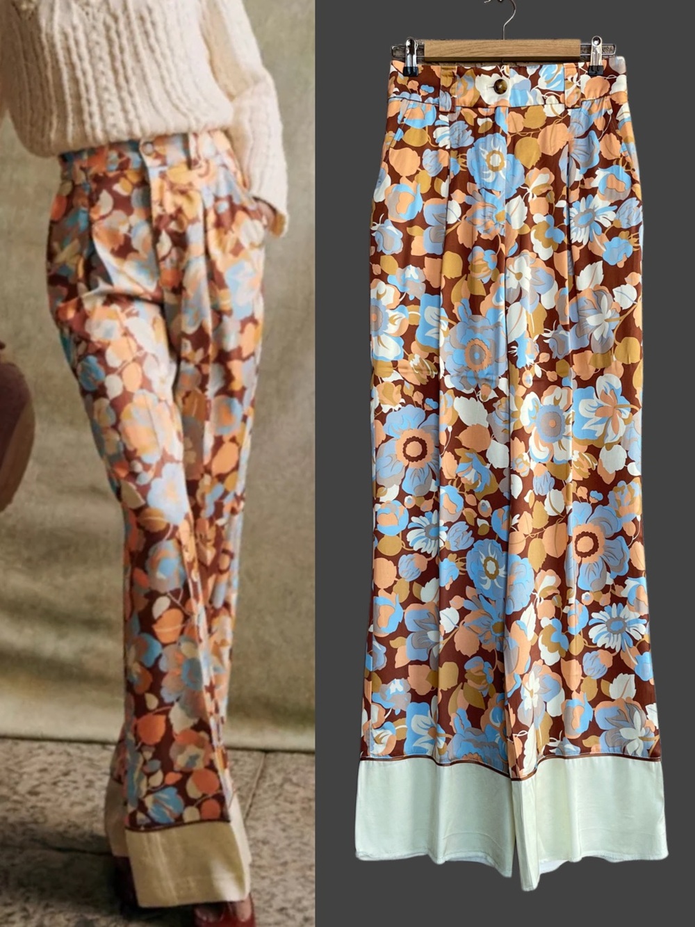 SEZANE Cream Orange Blue Retro Floral Printed Pleated Satin Theophile Trousers